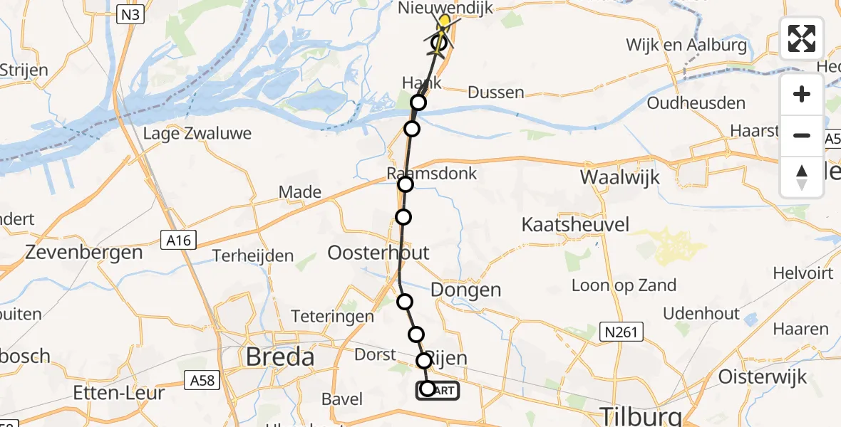 Routekaart van de vlucht: Politiehelikopter naar Nieuwendijk, Rijksweg