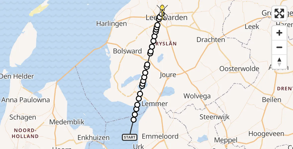 Routekaart van de vlucht: Ambulancehelikopter naar Vliegbasis Leeuwarden, Keegsdijkje