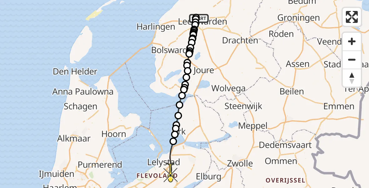 Routekaart van de vlucht: Ambulancehelikopter naar Lelystad Airport, Ljouwerterdyk