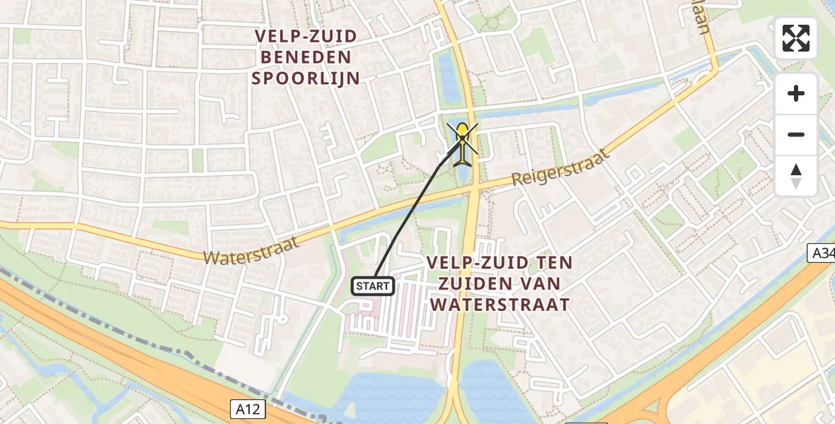 Routekaart van de vlucht: Politiehelikopter naar Velp, Rijnstraat