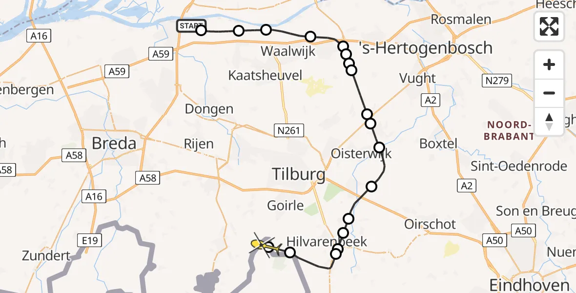 Routekaart van de vlucht: Politiehelikopter naar Ravels, Zuiderafwateringskanaal