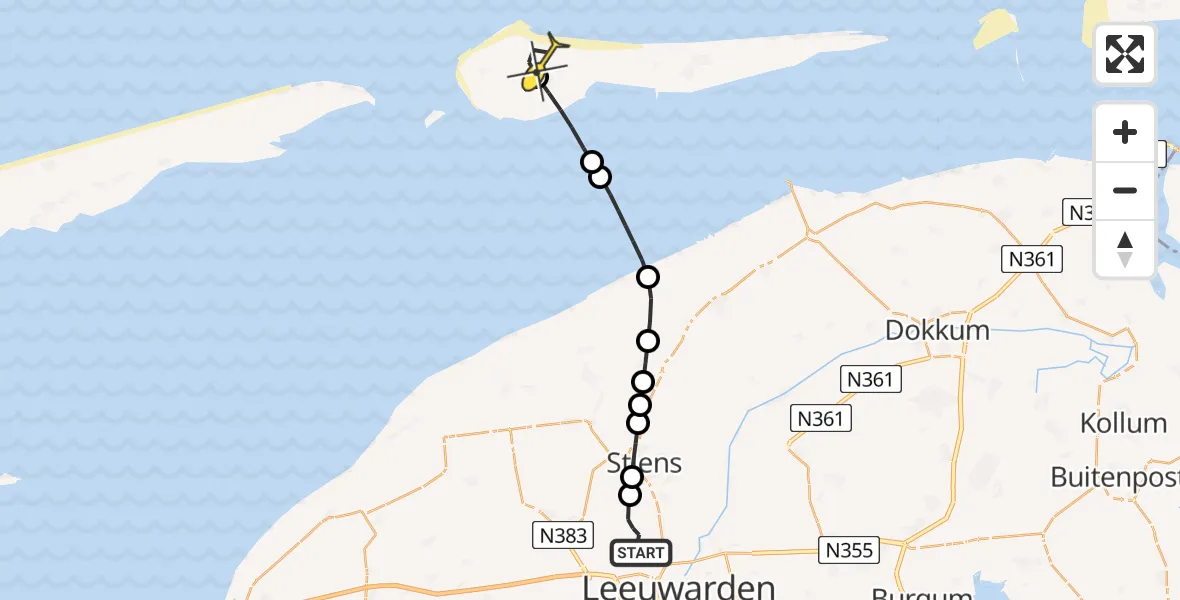 Routekaart van de vlucht: Ambulancehelikopter naar Ameland Airport Ballum, Keegsdijkje