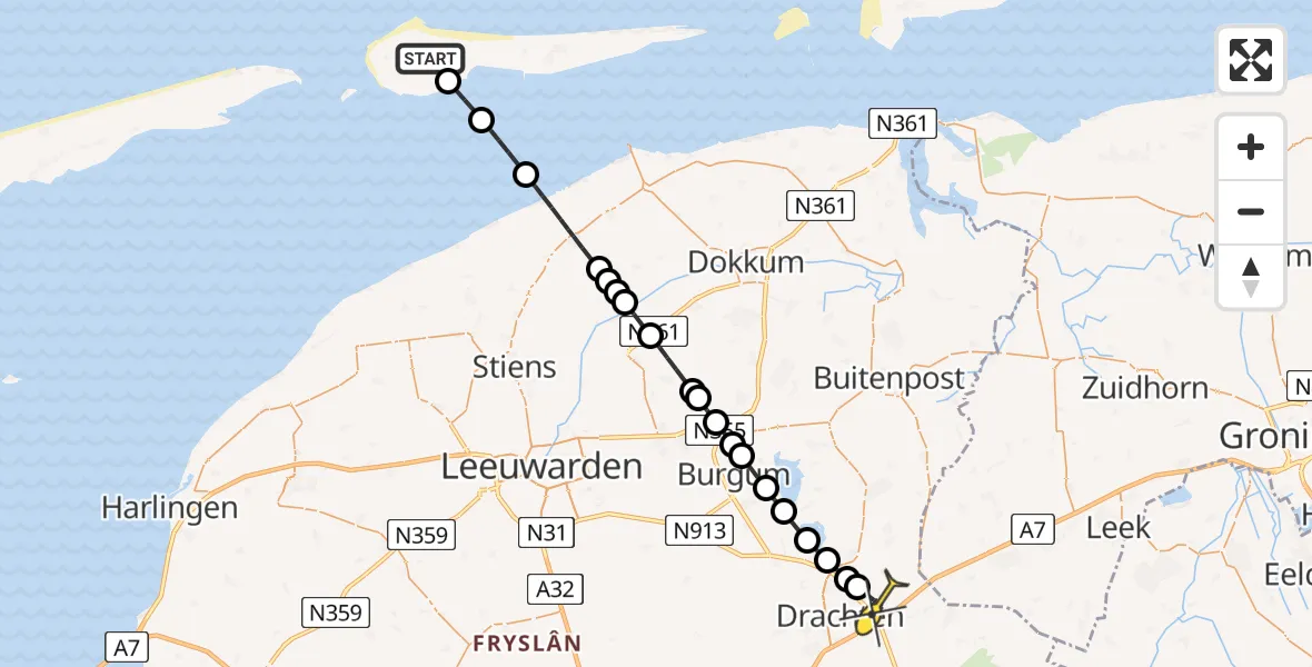 Routekaart van de vlucht: Ambulancehelikopter naar Vliegveld Drachten, Jelmeraweg