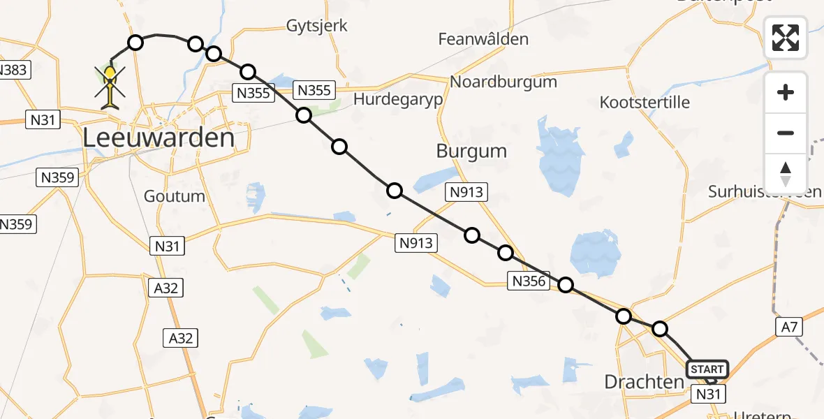 Routekaart van de vlucht: Ambulancehelikopter naar Vliegbasis Leeuwarden, Ampèrelaan