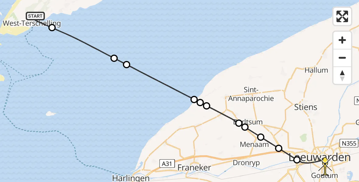 Routekaart van de vlucht: Ambulancehelikopter naar Leeuwarden, De Vleugel