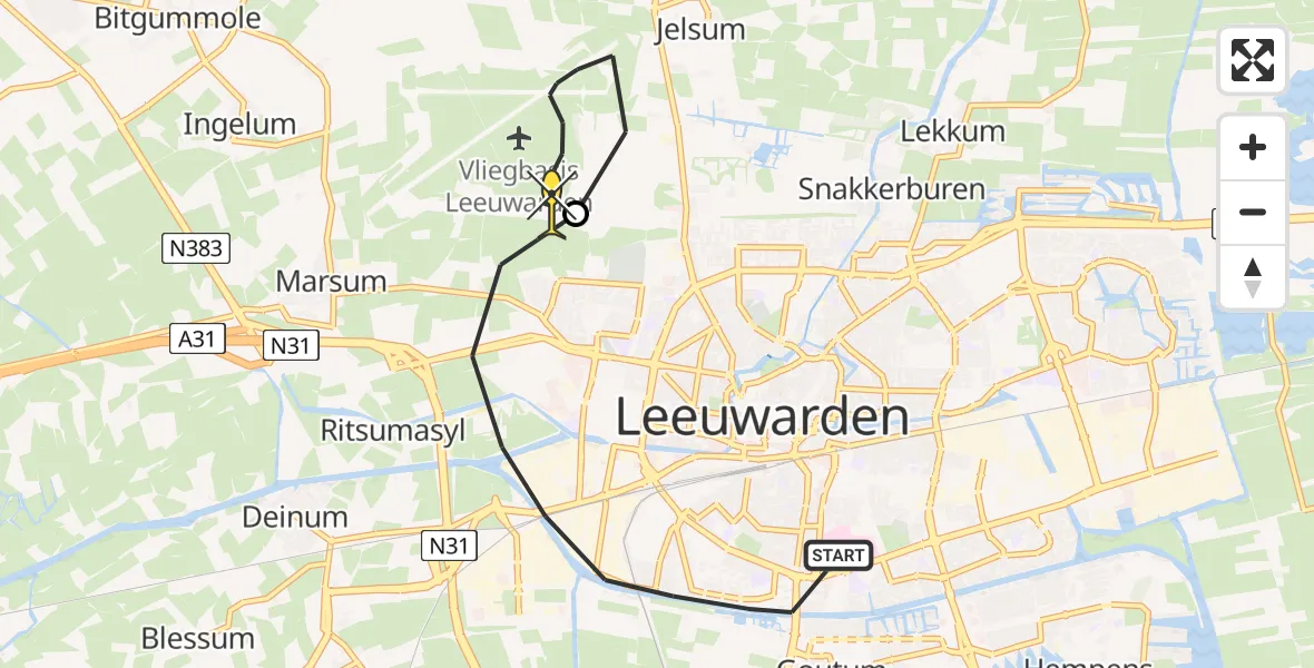 Routekaart van de vlucht: Ambulancehelikopter naar Vliegbasis Leeuwarden, Nijlânsdyk