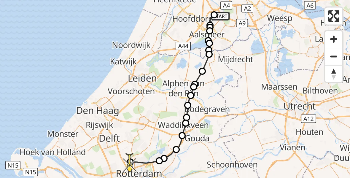 Vluchtroute Politiehelikopter van Schiphol naar Rotterdam The Hague Airport