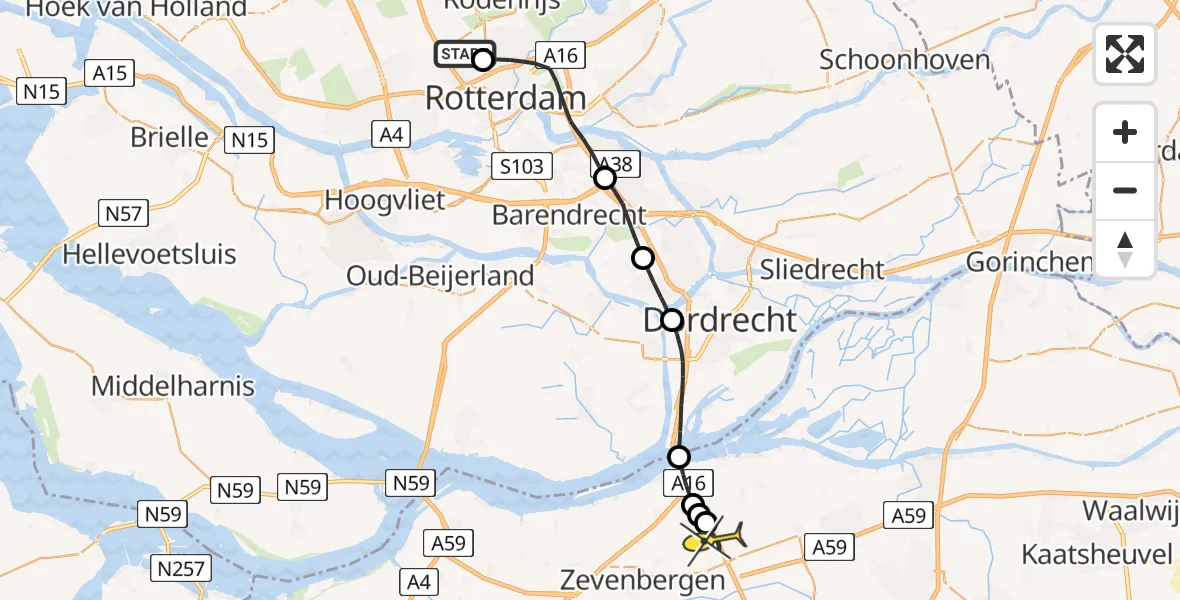 Routekaart van de vlucht: Politiehelikopter naar Zevenbergschen Hoek, Van der Duijn van Maasdamweg