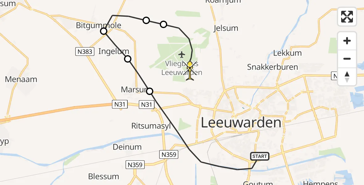 Routekaart van de vlucht: Ambulancehelikopter naar Vliegbasis Leeuwarden, Nijlânsdyk
