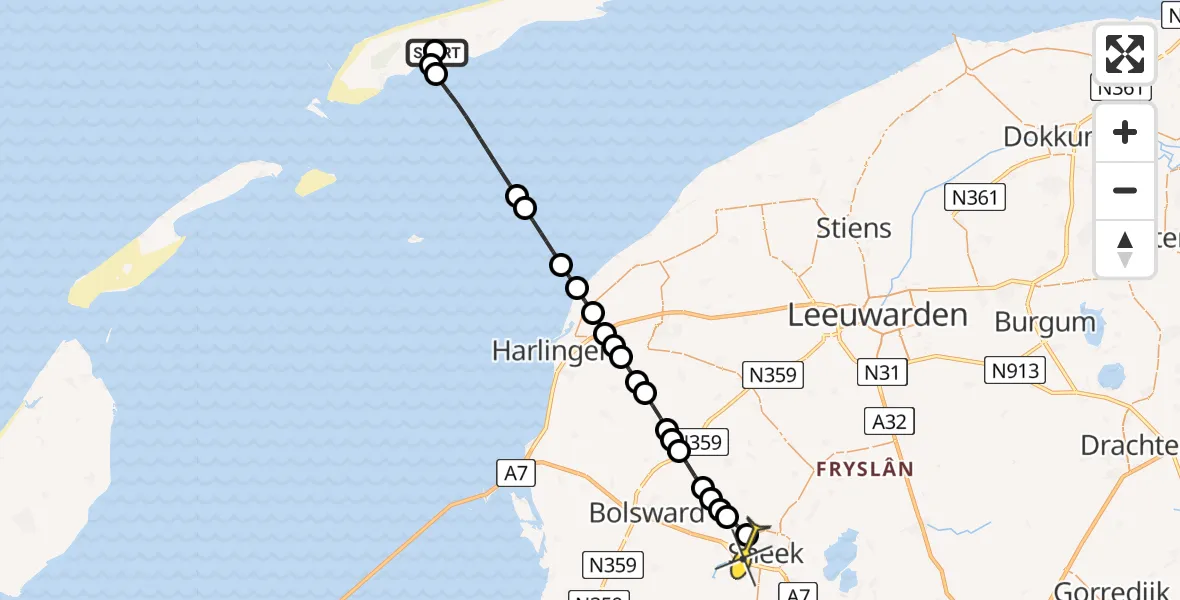 Routekaart van de vlucht: Ambulancehelikopter naar Sneek, Kinnum