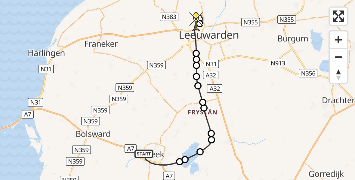 Routekaart van de vlucht: Ambulancehelikopter naar Vliegbasis Leeuwarden, Boetsstraat