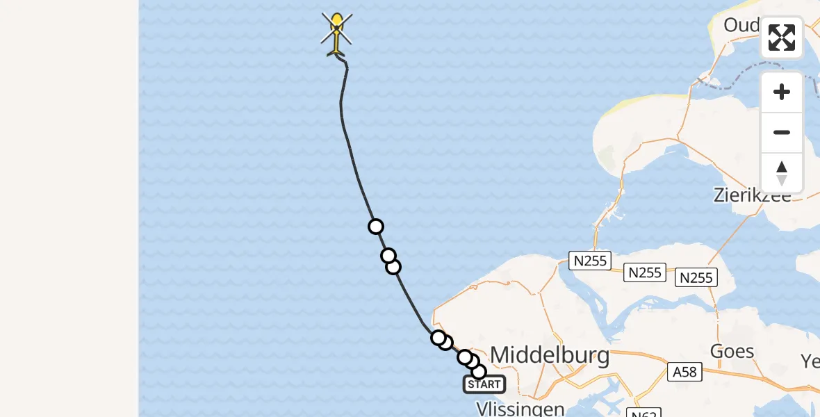 Routekaart van de vlucht: Kustwachthelikopter naar Strand Westkapelle