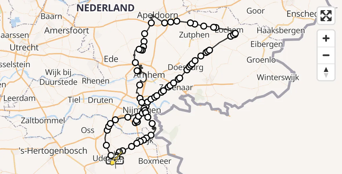 Routekaart van de vlucht: Politiehelikopter naar Vliegbasis Volkel, Zeelandsedijk