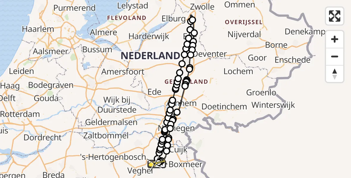 Vluchtroute Politiehelikopter van Vliegbasis Volkel naar Vliegbasis Volkel
