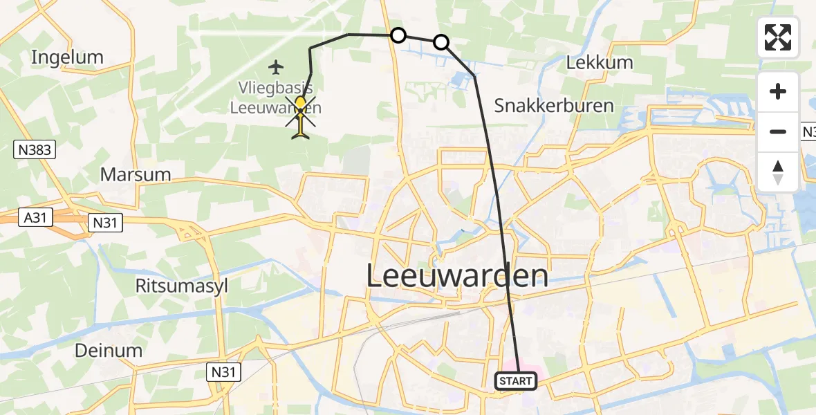 Routekaart van de vlucht: Ambulancehelikopter naar Vliegbasis Leeuwarden, Oostergoweg