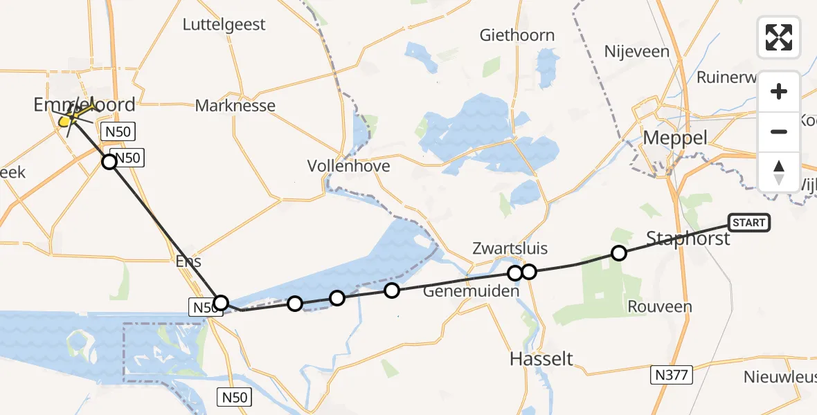 Routekaart van de vlucht: Politiehelikopter naar Emmeloord, Gemeenteweg
