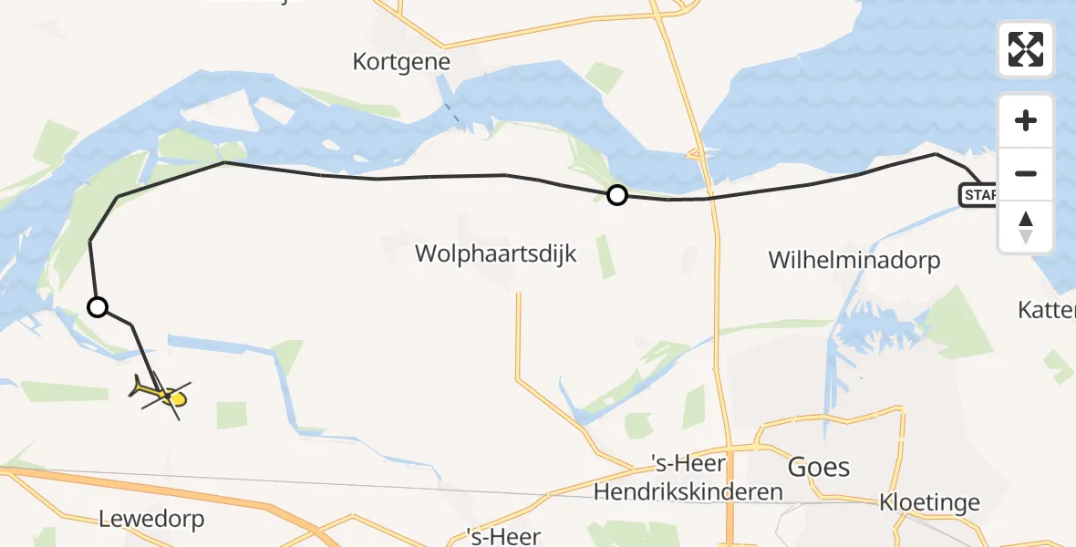 Routekaart van de vlucht: Politiehelikopter naar Vliegveld Midden-Zeeland, Oude Veerweg