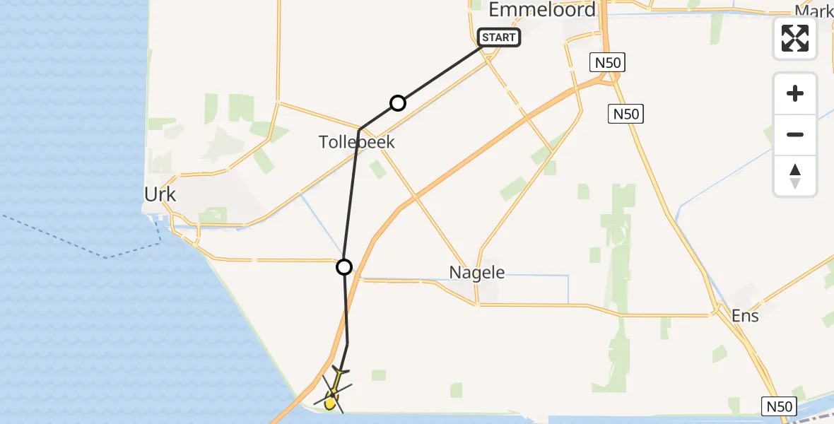 Routekaart van de vlucht: Politiehelikopter naar Nagele, Urkerweg