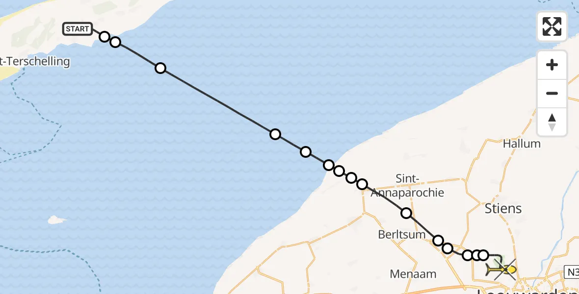 Routekaart van de vlucht: Ambulancehelikopter naar Vliegbasis Leeuwarden, Noord Midslandweg