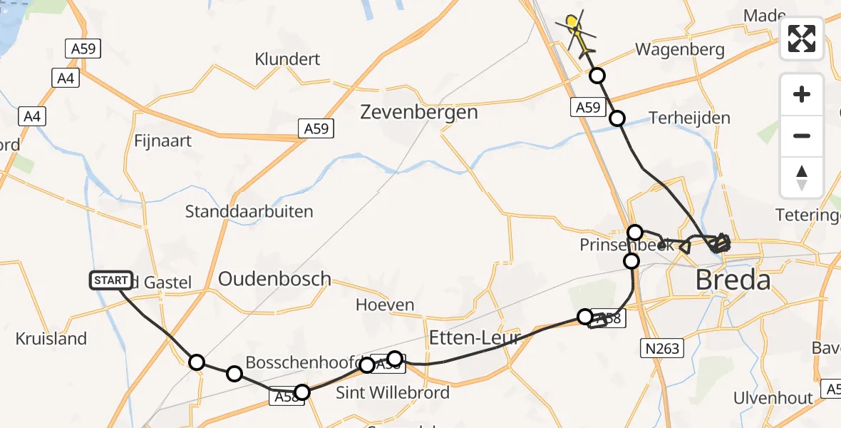 Routekaart van de vlucht: Politiehelikopter naar Zevenbergschen Hoek, Watermolen