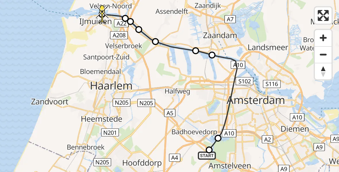 Routekaart van de vlucht: Politiehelikopter naar IJmuiden, Belangenvereniging tuinders Zaanderhorn
