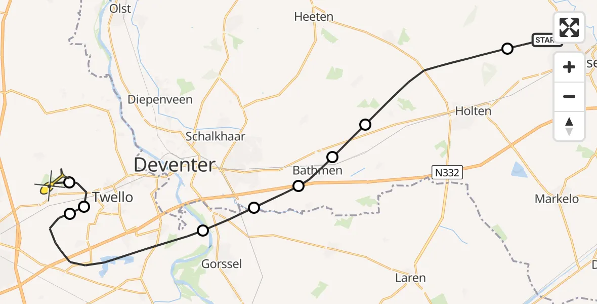 Routekaart van de vlucht: Politiehelikopter naar Vliegveld Teuge, De Marke