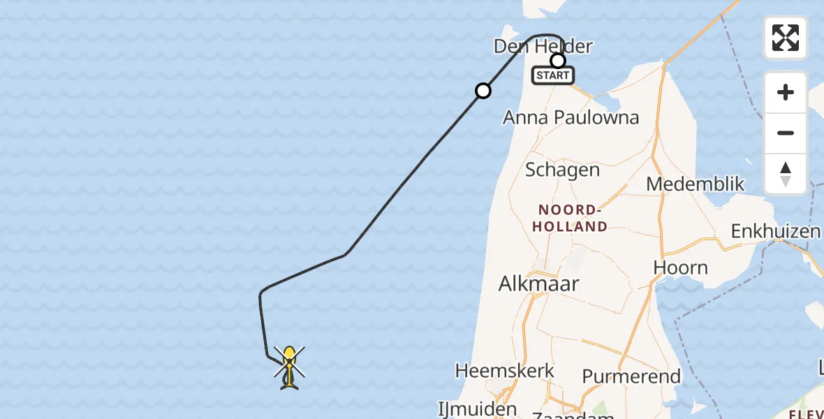 Vluchtroute Kustwachthelikopter van Vliegveld De Kooy naar 