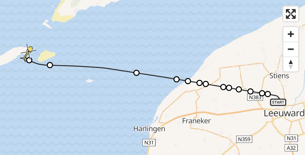 Routekaart van de vlucht: Ambulancehelikopter naar Vlieland Heliport, Keegsdijkje