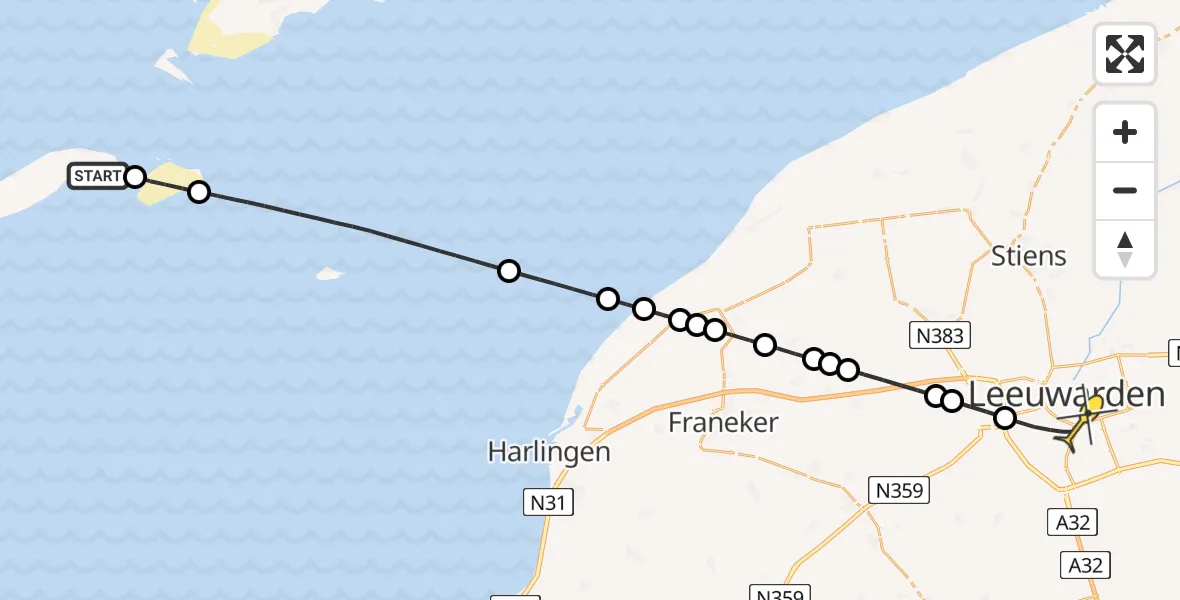 Routekaart van de vlucht: Ambulancehelikopter naar Leeuwarden, Vliesloot