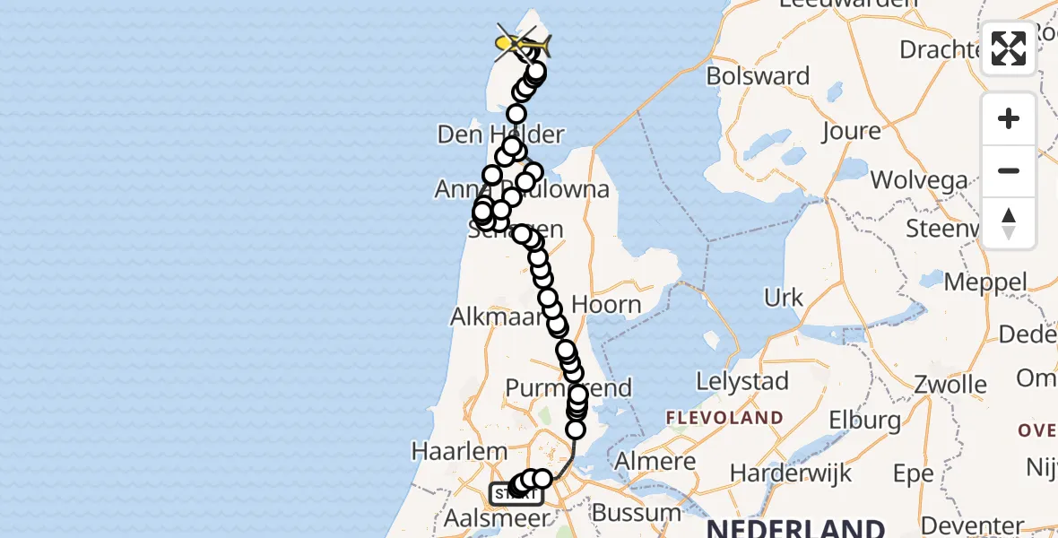 Routekaart van de vlucht: Politiehelikopter naar Texel International Airport, Kraayveldstraat