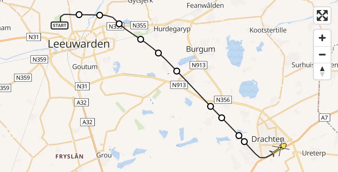 Routekaart van de vlucht: Ambulancehelikopter naar Drachten, Keegsdijkje