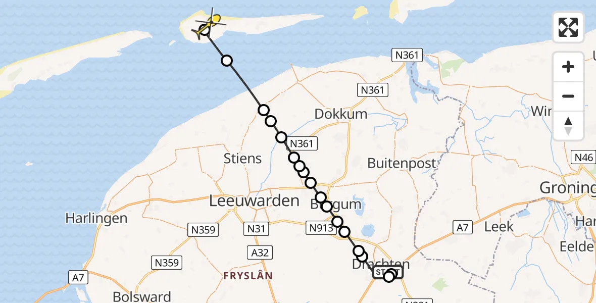 Routekaart van de vlucht: Ambulancehelikopter naar Ameland Airport Ballum, Suderheide
