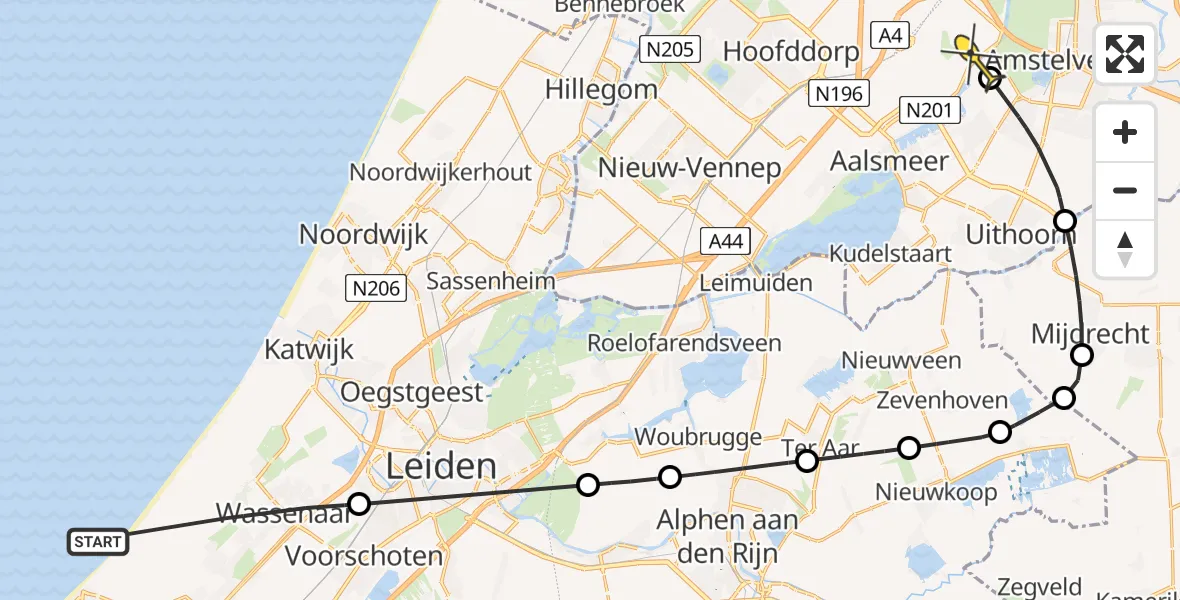 Routekaart van de vlucht: Politiehelikopter naar Aalsmeer, Wassenaar