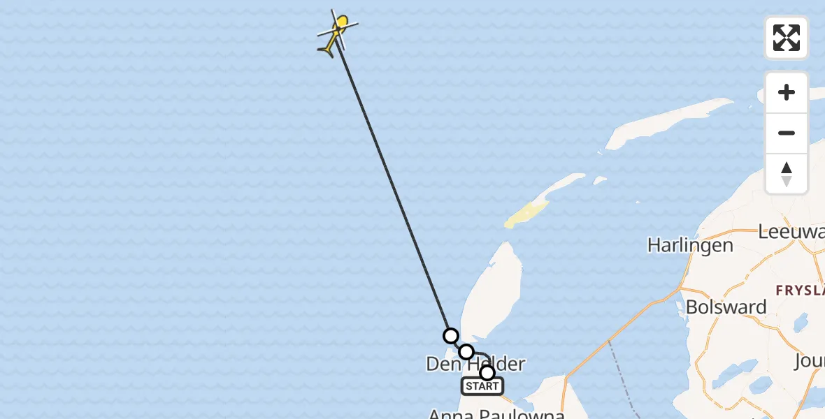 Vluchtroute Kustwachthelikopter van Vliegveld De Kooy naar 