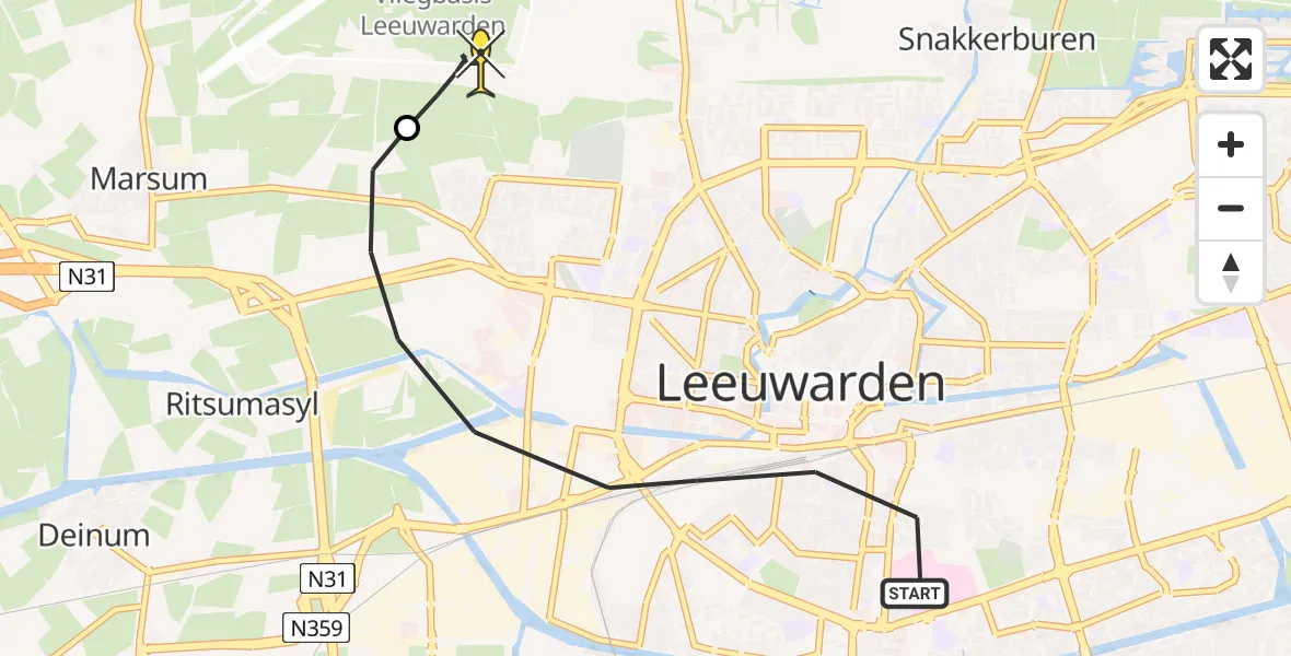 Routekaart van de vlucht: Ambulancehelikopter naar Vliegbasis Leeuwarden, Wijnhornsterstraat