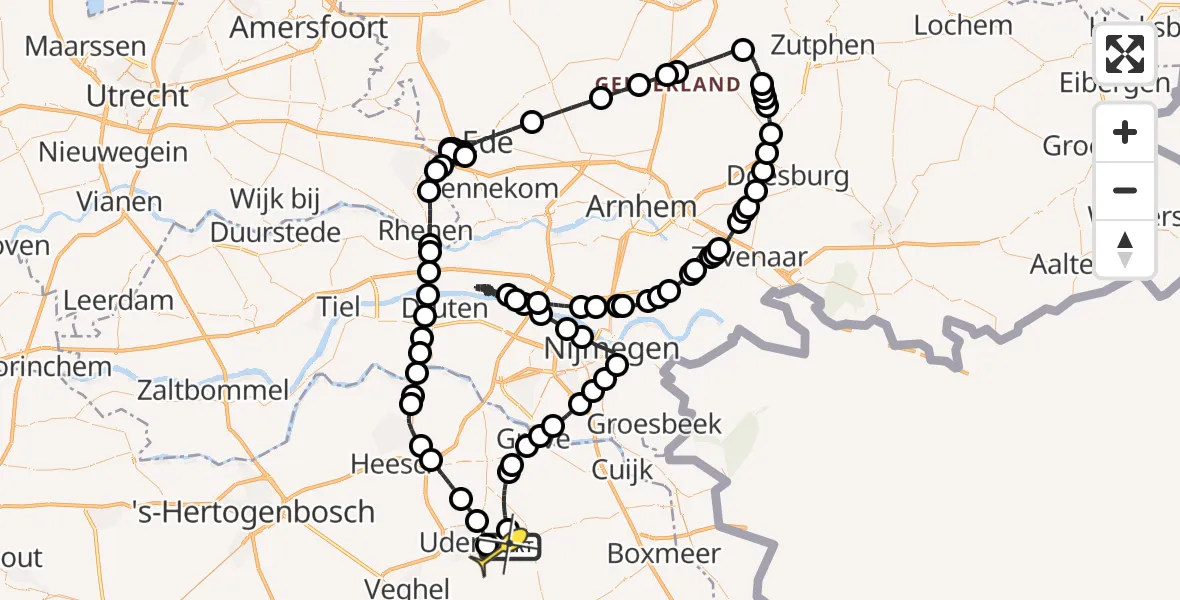 Vluchtroute Politiehelikopter van Vliegbasis Volkel naar Vliegbasis Volkel