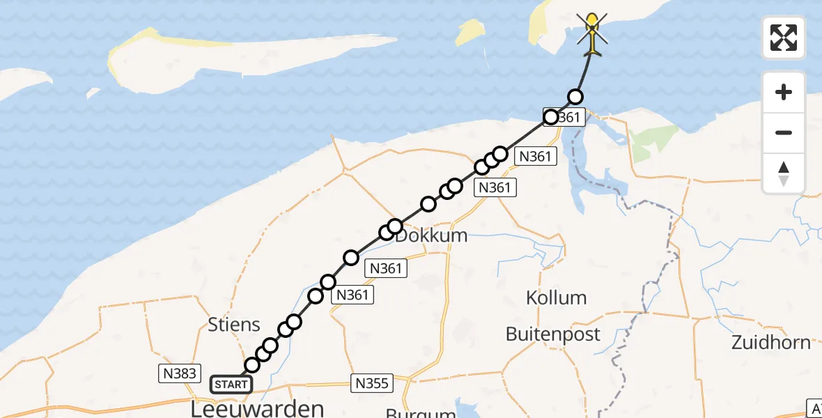 Routekaart van de vlucht: Ambulancehelikopter naar Schiermonnikoog, Keegsdijkje