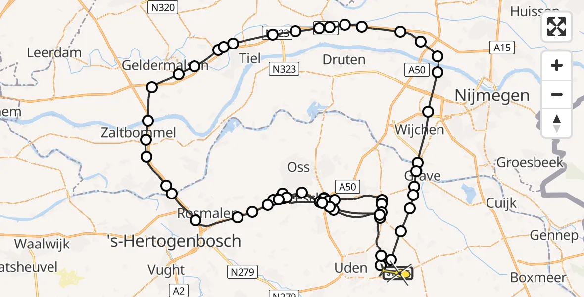 Vluchtroute Politiehelikopter van Vliegbasis Volkel naar Vliegbasis Volkel