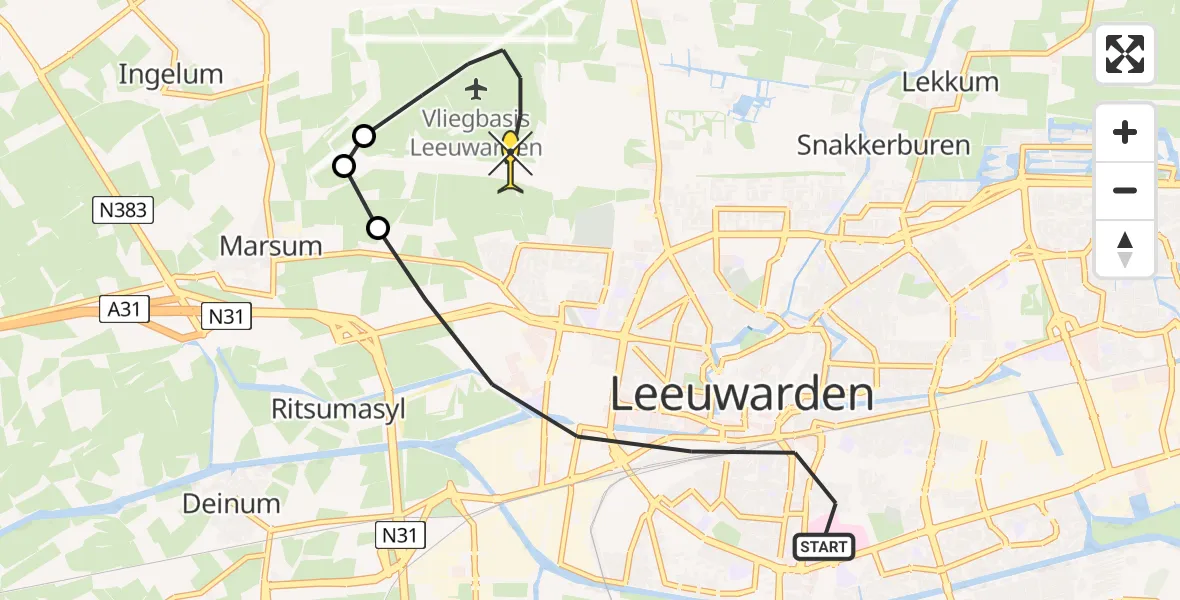 Routekaart van de vlucht: Ambulancehelikopter naar Vliegbasis Leeuwarden, Schrans