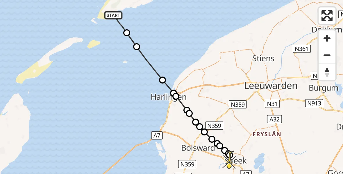 Routekaart van de vlucht: Ambulancehelikopter naar Sneek, Bolswarderbaan