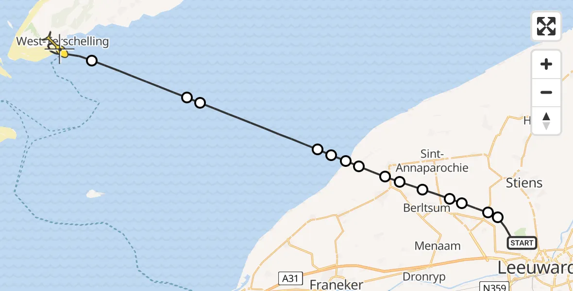 Routekaart van de vlucht: Ambulancehelikopter naar West-Terschelling, De Skieding