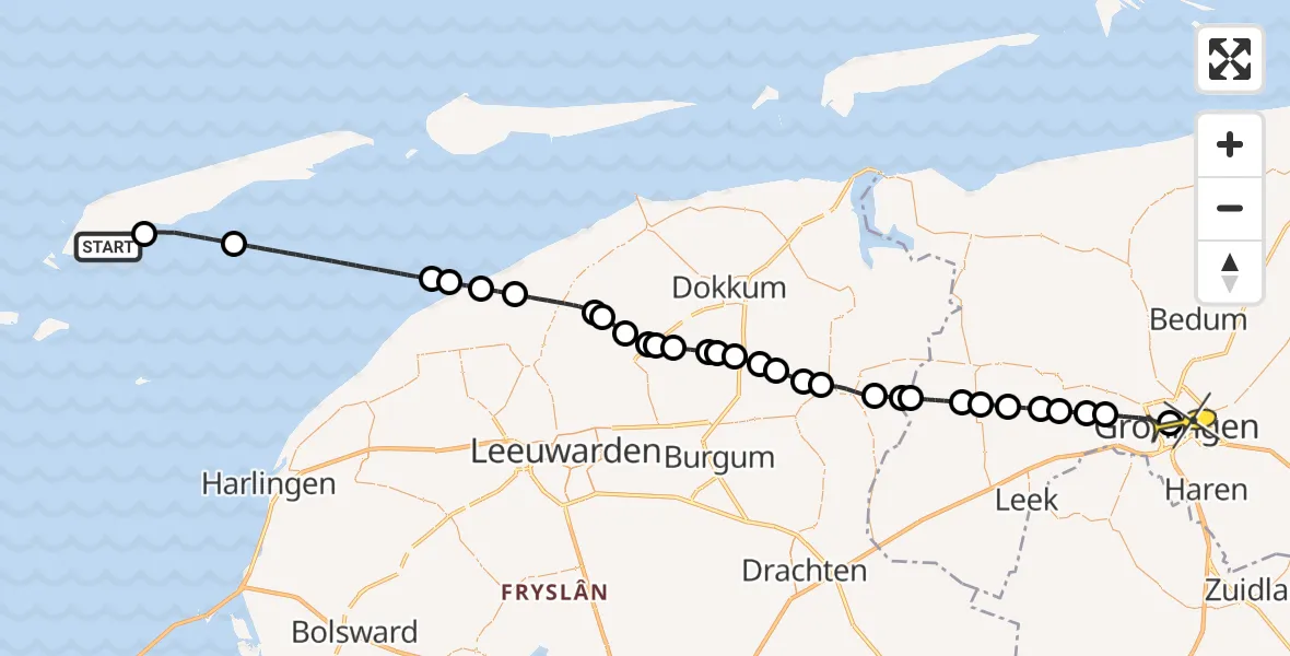 Routekaart van de vlucht: Ambulancehelikopter naar Universitair Medisch Centrum Groningen, De Plaat