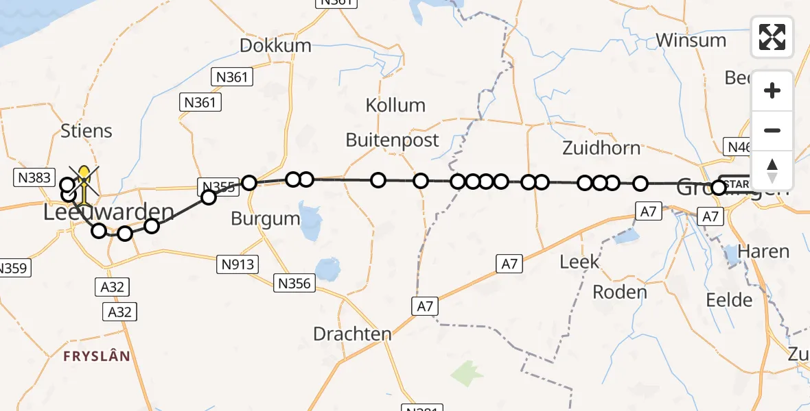 Routekaart van de vlucht: Ambulancehelikopter naar Vliegbasis Leeuwarden, Radesingel