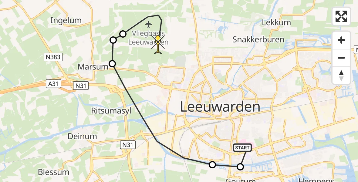 Routekaart van de vlucht: Ambulancehelikopter naar Vliegbasis Leeuwarden, Reade Poarte