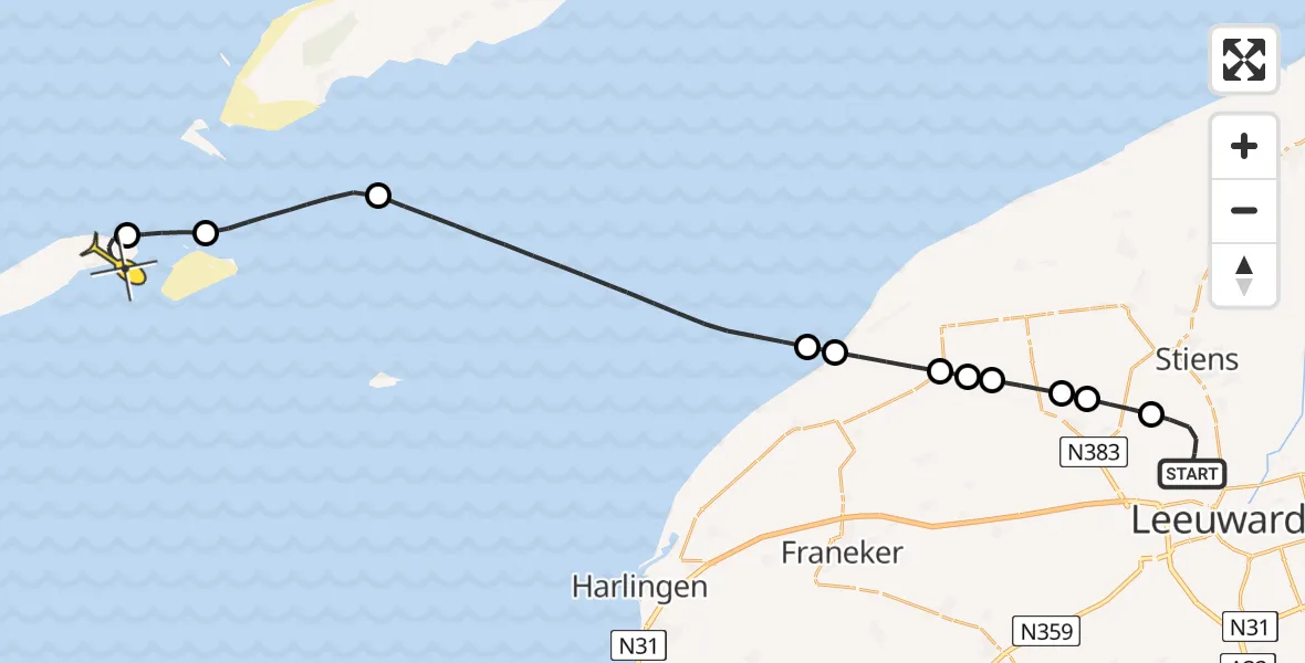 Routekaart van de vlucht: Ambulancehelikopter naar Vlieland Heliport, Keegsdijkje