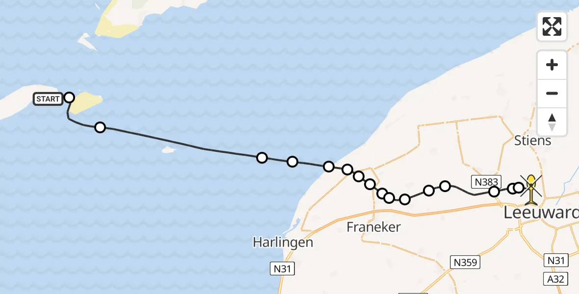 Routekaart van de vlucht: Ambulancehelikopter naar Vliegbasis Leeuwarden, Vliesloot