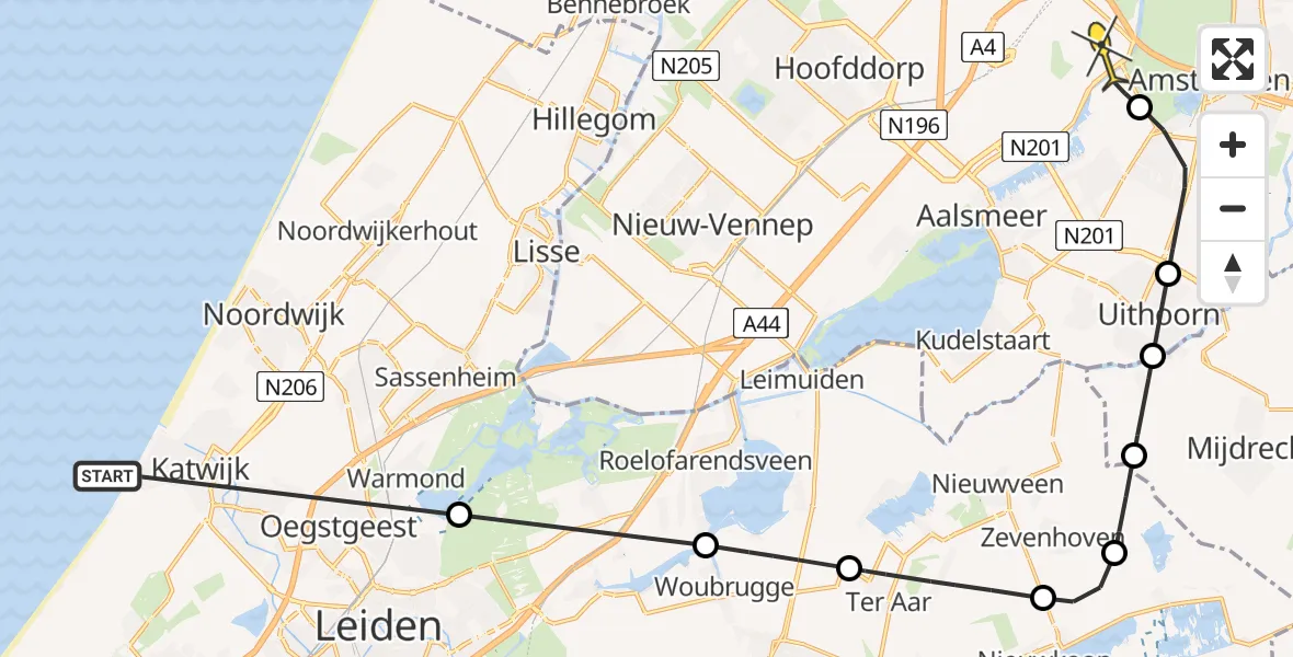 Routekaart van de vlucht: Politiehelikopter naar Schiphol, Zijldijk