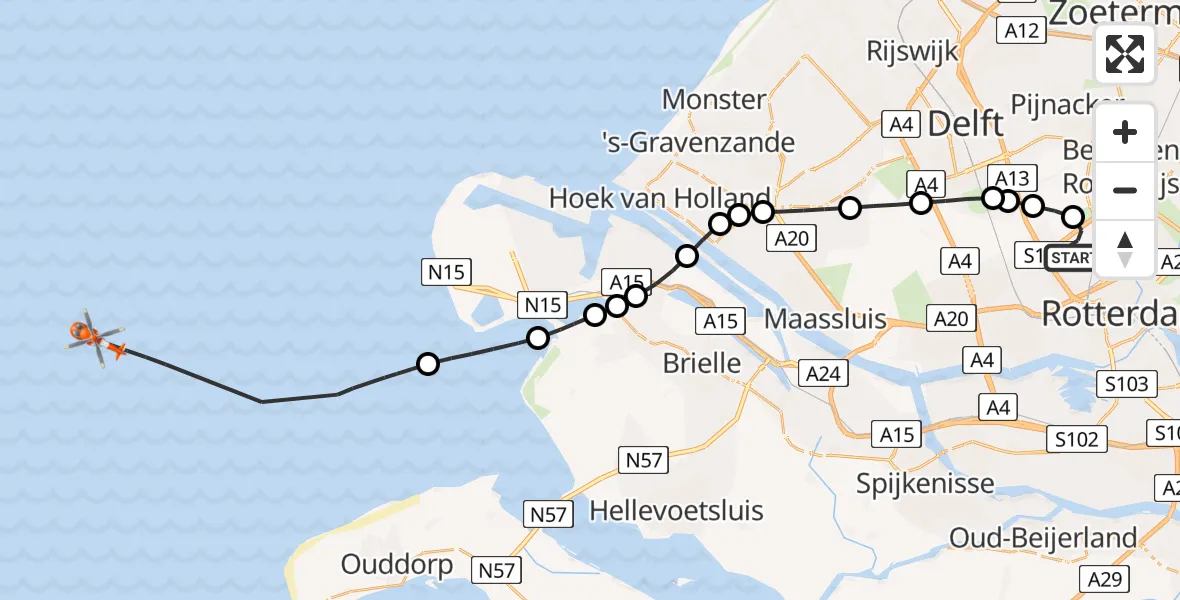 Vluchtroute Kustwachthelikopter van Rotterdam The Hague Airport naar 