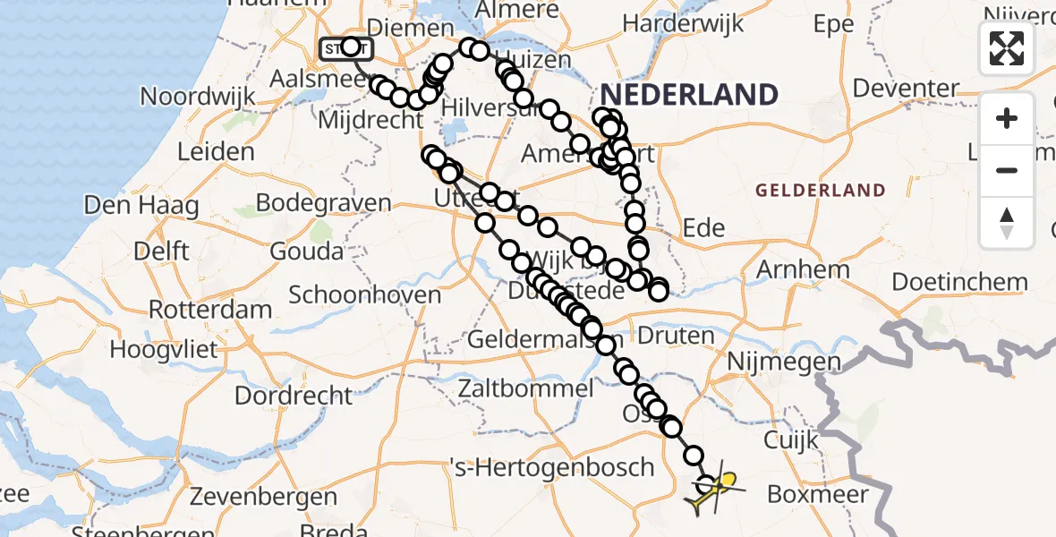Vluchtroute Politiehelikopter van Schiphol naar Vliegbasis Volkel