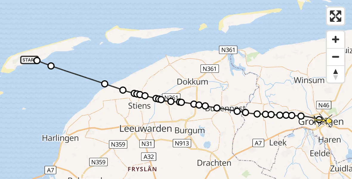 Routekaart van de vlucht: Ambulancehelikopter naar Universitair Medisch Centrum Groningen, Midslander Hoofdweg